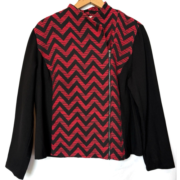 Chicos Womens Tweed Chevron Moto Zip Jacket Size L Classic Jacquard Red Edgy - Picture 1 of 11
